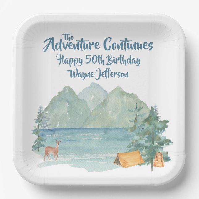 Rustic Mountain Watercolor Adventure 50th Birthday Paper Plate (Front)