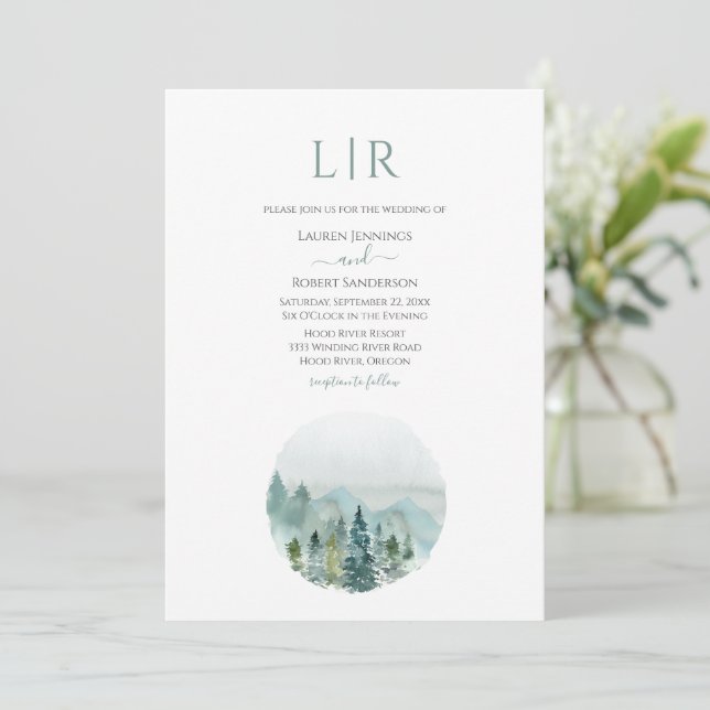 Rustic Mountain Watercolor Evergreen Tree Wedding Invitation (Standing Front)