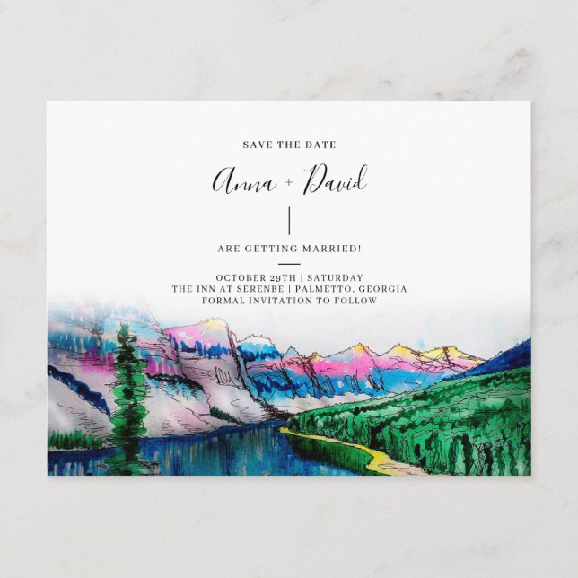 Rustic Mountain Watercolor Save The Date Card (Front)