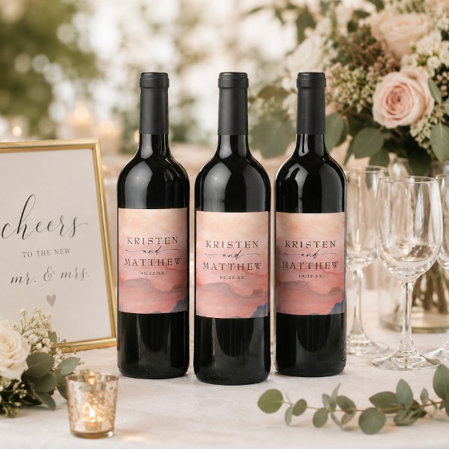 Rustic Mountain Watercolor Sunset Wedding Wine Label (Dress your reception tables and bar using this rustic mountain watercolor sunset wedding wine label.)