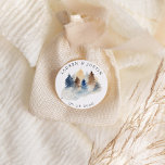 Rustic Mountain Watercolor Trees Monogram Classic Round Sticker<br><div class="desc">Our "Rustic Mountain" collection features watercolor landscapes paired with wood slice decorative items creating a sophisticated nature inspired look. Colour scheme consists of muted browns and blues with a touch of green. All information is in a combination of a script and serif font. Check our store for more items from...</div>