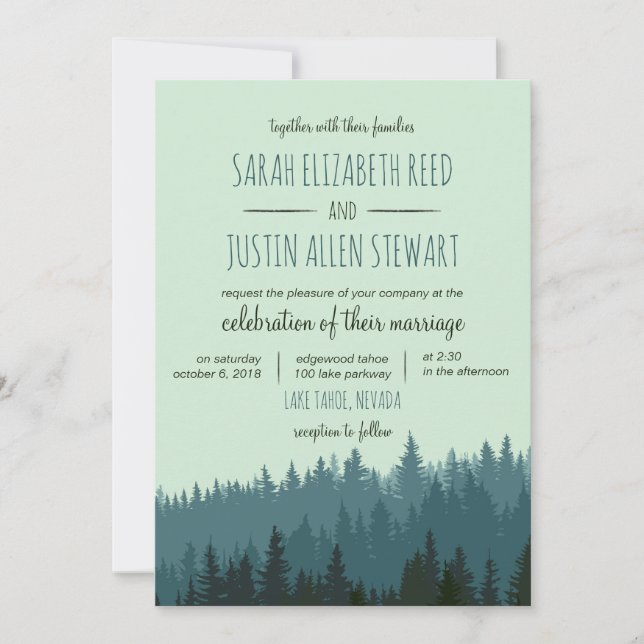 Rustic Mountain wedding invitation in blue green (Front)