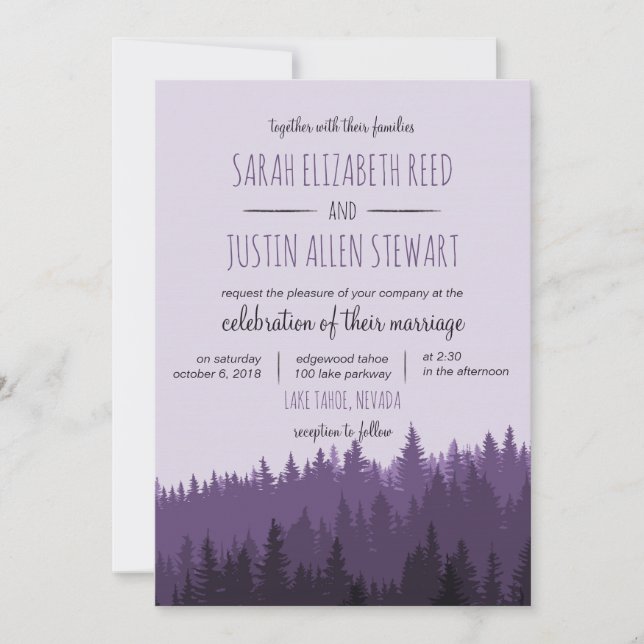 Rustic Mountain wedding invitation in purple (Front)