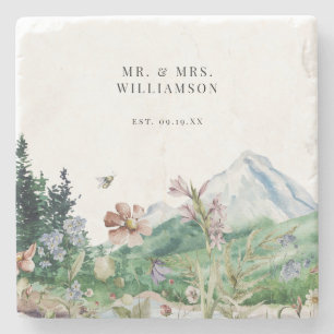 Rustic Mountain Wildflower Wedding Monogram Stone Coaster