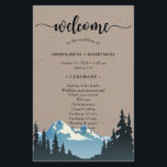 Rustic Mountain Woodland Forest Wedding Program<br><div class="desc">Beautiful MOUNTAIN WEDDING program paper sheet design featuring a watercolor mountain with trees silhouette and a big "welcome" in an elegant script as well as the wedding program details on a rustic kraft-textured background for you to personalise.</div>