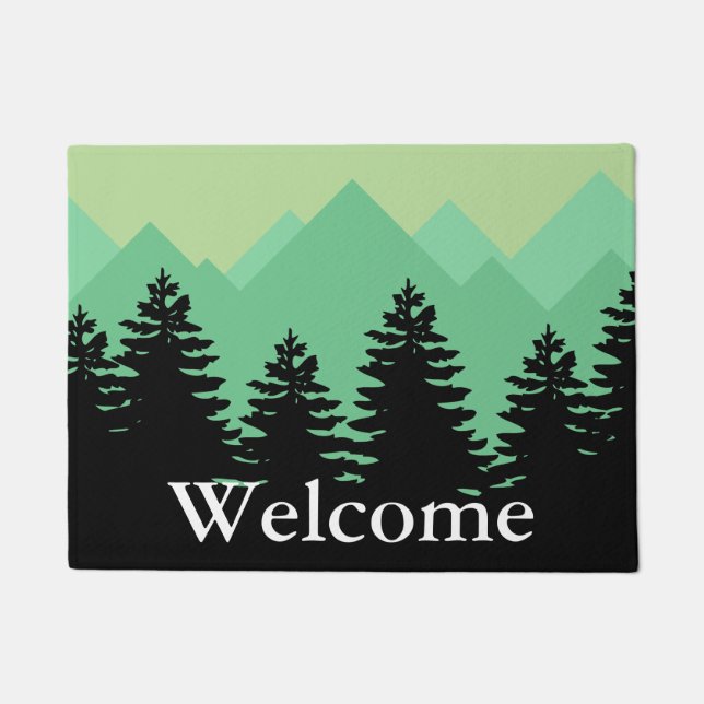 Rustic Mountains & Forest Silhouettes Welcome Doormat (Front)