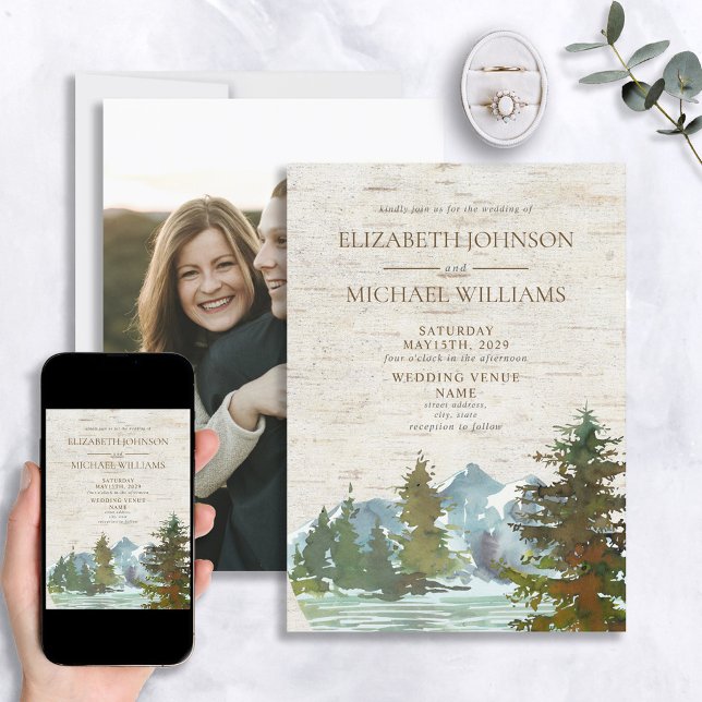 Rustic Mountains Forest Watercolor Photo Wedding Invitation (Creator Uploaded)