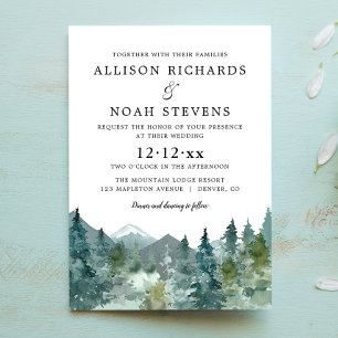 Rustic mountains forest watercolor wedding invitation