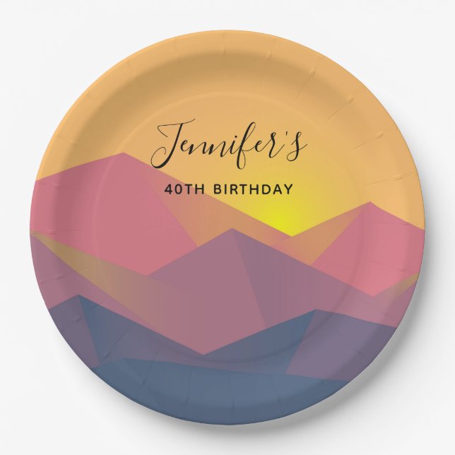 Rustic Mountains Geometric Minimalist Birthday Paper Plate (Front)