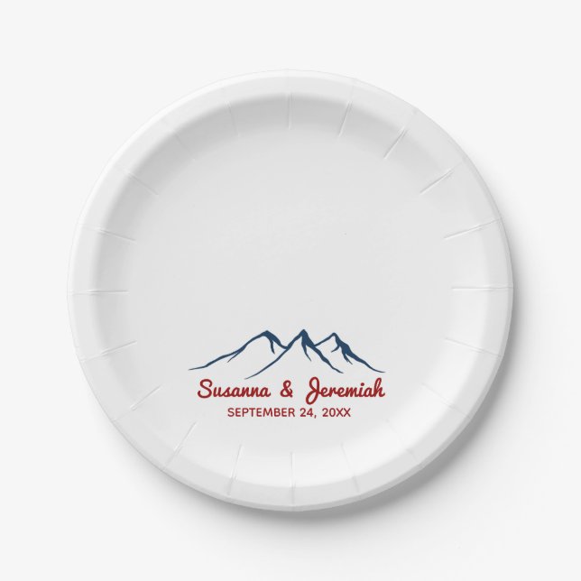 Rustic Mountains in Blue and Red Wedding Reception Paper Plate (Front)