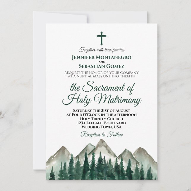 Rustic Mountains & Pine Modern Catholic Wedding Invitation (Front)