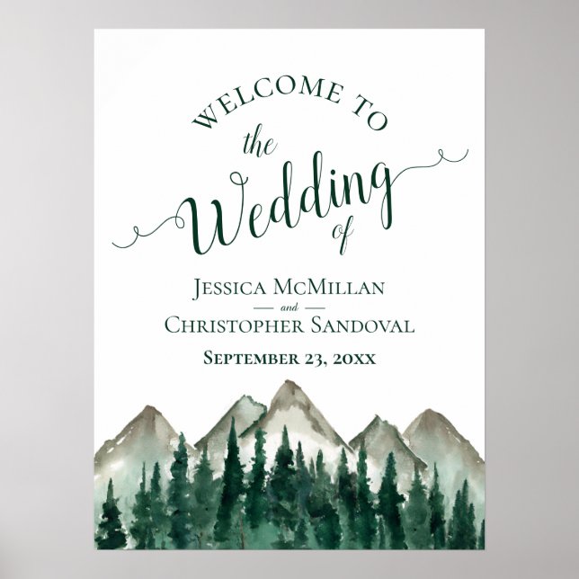 Rustic Mountains & Pine Trees Wedding Welcome Sign (Front)