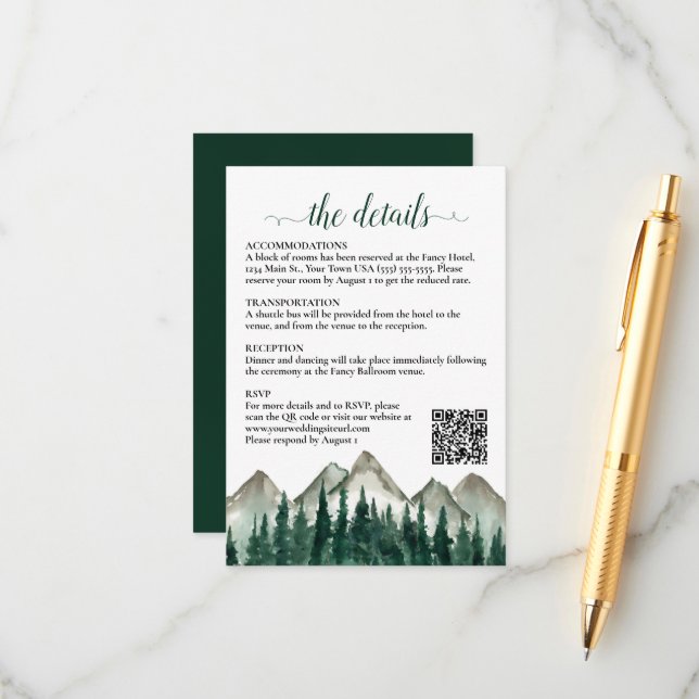 Rustic Mountains & Pine Wedding Details QR Code Enclosure Card (Front/Back In Situ)
