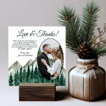 Rustic Mountains & Pines Oval Photo Wedding Thank You Card<br><div class="desc">These beautiful wedding thank you cards are a wonderful way to show your appreciation to your friends and family for celebrating with you on your special day. They feature your wedding photo in an oval shaped frame with a watercolor landscape of pine trees and rugged mountain peaks. The title is...</div>