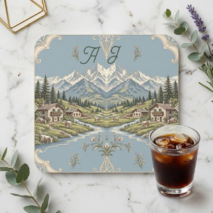 Rustic Mountains Snowclad Alpine Forest Monograms Coaster