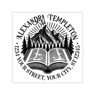 Rustic Mountains Trees Sun Rays Library Book Name Self-inking Stamp