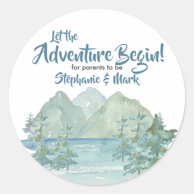 Rustic Mountains Watercolor Adventure Baby Shower  Classic Round Sticker (Front)