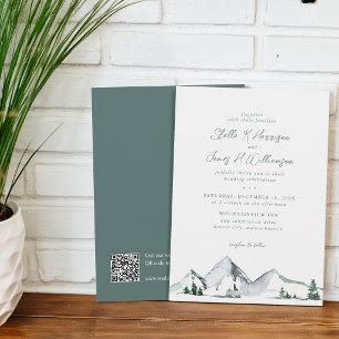 Rustic Mountains Watercolor QR Code Wedding Invitation