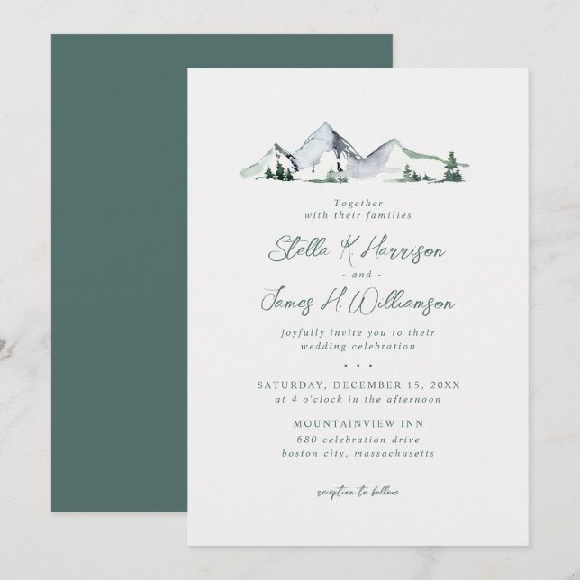 Rustic Mountains Watercolor Wedding Invitation (Front/Back)