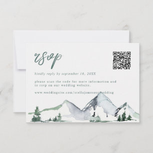 Rustic Mountains Watercolor Wedding QR Code RSVP Card