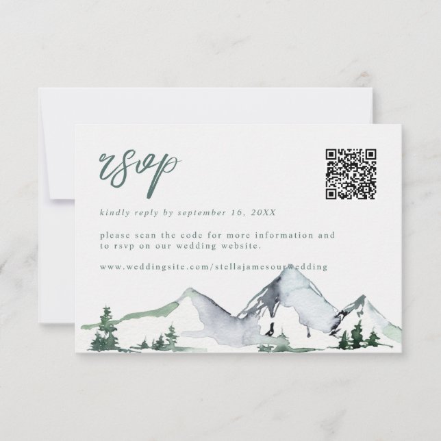 Rustic Mountains Watercolor Wedding QR Code RSVP Card (Front)