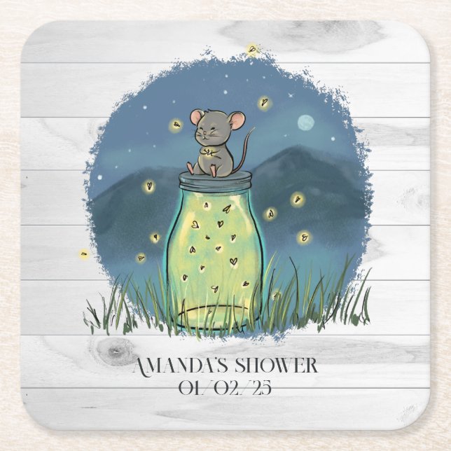 Rustic Mouse Firefly Mason Jar Square Paper Coaster (Front)