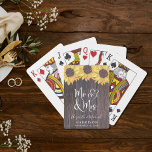 Rustic Mr and Mrs Sunflower Wedding Playing Cards<br><div class="desc">Fun rustic playing cards for party favours,  your wedding events and newlywed life featuring a faux dark wood background,  sunflower watercolors,  "Mr & Mrs" in a large white script and a white illustration of two hearts joined together. Personalise with your names and wedding date.</div>