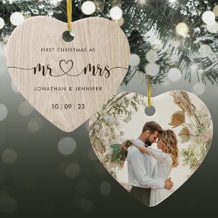 Rustic Mr and Mrs Wedding Photo Ceramic Tree Decoration