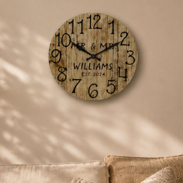 Rustic Mr and Mrs Wood Wedding Anniversary Large Clock (Creator Uploaded)