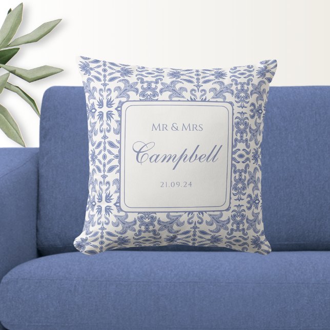 Rustic Mr & Mrs Dusty Blue and White Patterned Cushion (Creator Uploaded)