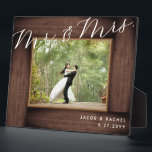 Rustic Mr. & Mrs. Elegant Script Wedding Photo Plaque<br><div class="desc">This design features a faux rustic wood "frame" and elegant script text. Click the customise button for more flexibility in modifying the text. Variations of this design, different paper types, as well as coordinating products are available in our shop, zazzle.com/store/doodlelulu. Contact us if you need this design applied to a...</div>