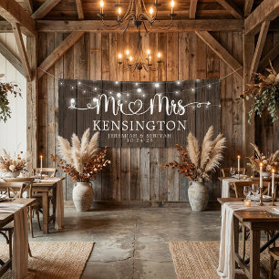Rustic Mr Mrs Heart Script Lights Wood Wedding Banner