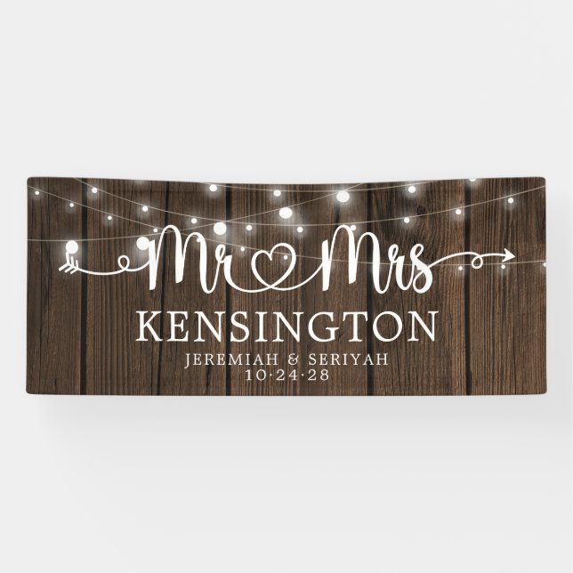 Rustic Mr Mrs Heart Script Lights Wood Wedding Banner (Horizontal)