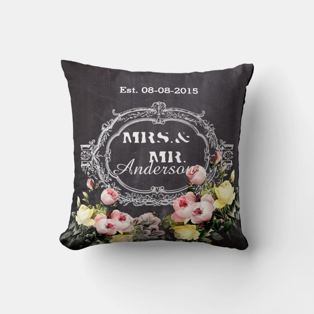 rustic mr. mrs  vintage flowers Chalkboard wedding Cushion (Front)