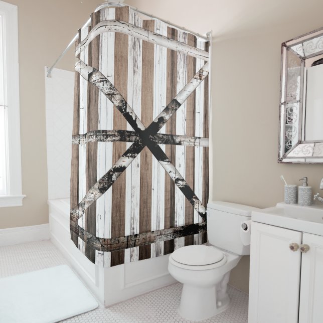 Rustic Multi Wood White & Brown Barn Door Shower Curtain (In Situ)