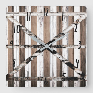 Rustic Multi Wood White & Brown Barn Door Square Wall Clock
