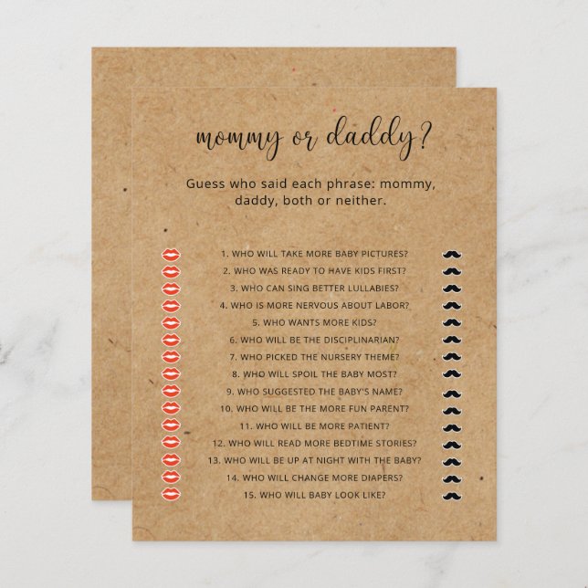 Rustic - Mummy or Daddy baby shower game (Front/Back)
