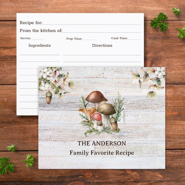 Rustic Mushroom and Leaves Family Recipe Card (front and back side)