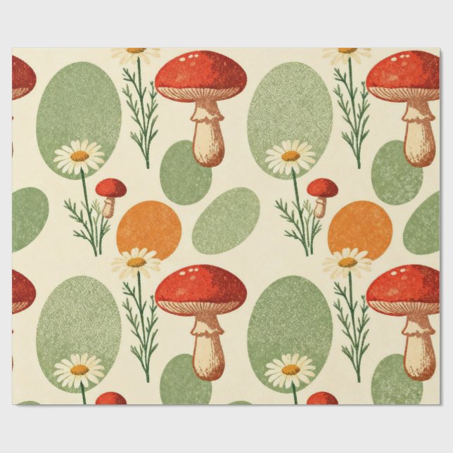 Rustic Mushroom & Daisy Watercolor Wrapping Paper (Flat)