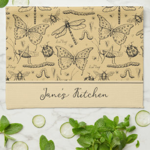 Rustic Mustard Yellow and Black Insect Tea Towel
