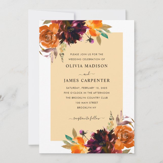 Rustic Mustard Yellow Purple Burgundy Floral Fall Invitation (Front)