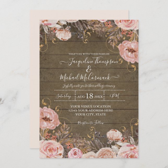 Rustic Muted Blush Pink Watercolor Floral Rose Invitation (Front/Back)