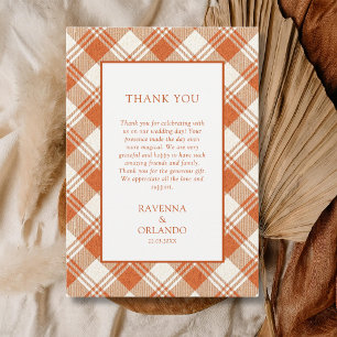 Rustic Muted Orange Plaid Gingham Thank You Card