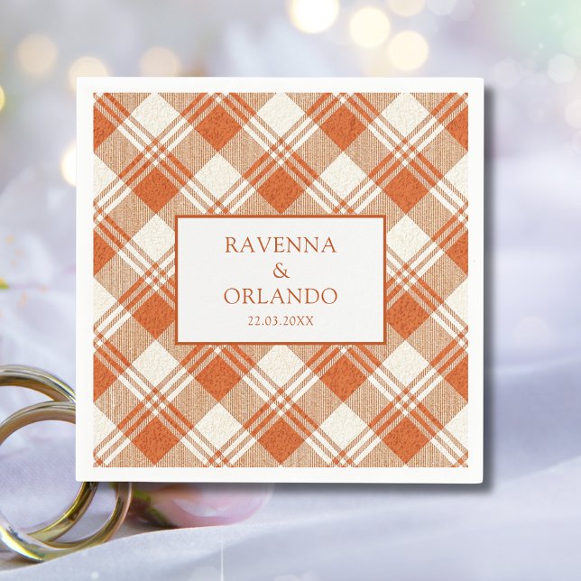 Rustic Muted Orange Plaid Gingham Wedding Napkin (Creator Uploaded)