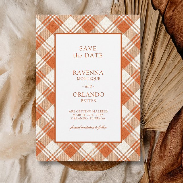Rustic Muted Orange Plaid Gingham Wedding Save The Date (Creator Uploaded)