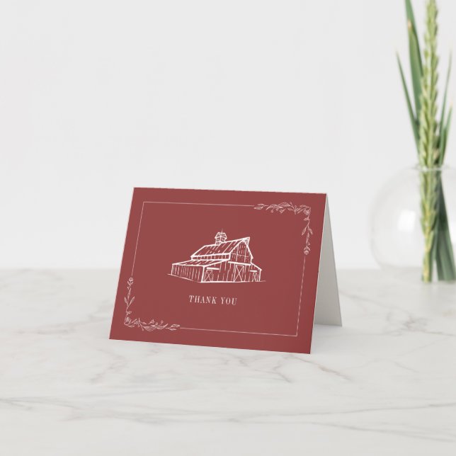 Rustic Muted Red Barn Farm Wedding Thank You Card (Front)