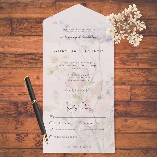 Rustic Muted Wildflowers on Blush Pink Dinner  All In One Invitation (Creator Uploaded)