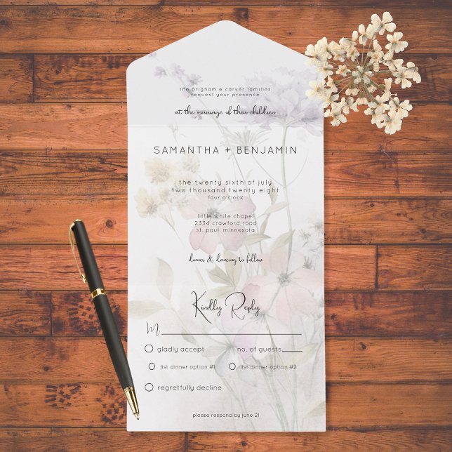 Rustic Muted Wildflowers on White Dinner  All In One Invitation (Creator Uploaded)