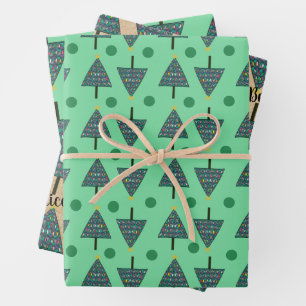 Rustic Named Christmas Tree Pattern Green Wrapping Paper Sheet