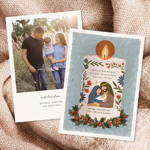 Rustic Nativity Candle Religious Christmas Photo Holiday Card